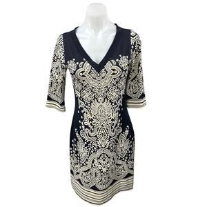Baby Blue Line Black Cream Printed 3/4 Sleeve V-neck Knee Length Sheath Dress S